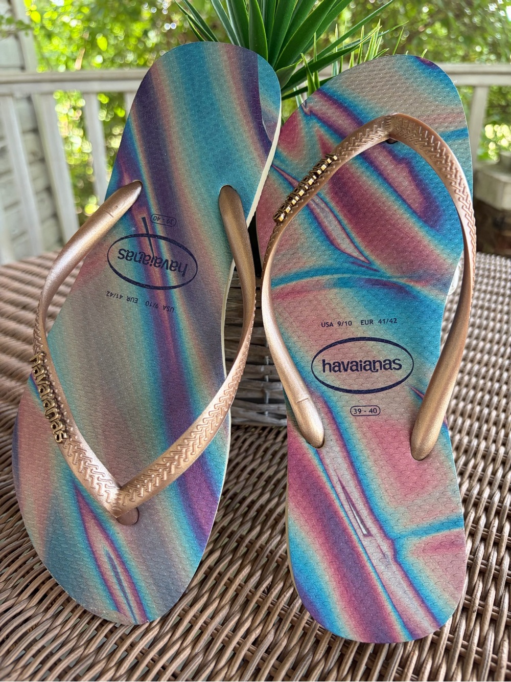 Havaianas Women's Rainbow Holographic Flip Flops with Rose Gold Straps
